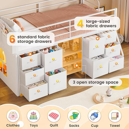 Twin Low Loft Bed with 10 Storage Drawers and LED Lights, Loft Bed Twin Size for Kids with Bookcase, Metal Kids Loft Bed Frames with Safety Guardrail, Inclined Ladder&Play Curtain,Spave Saving,White