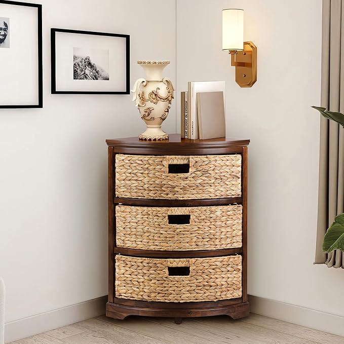 eHemco Hampton Meadows 3 Tier X-Side Corner Table Storage Cabinet, Walnut | 3 Wicker Baskets
