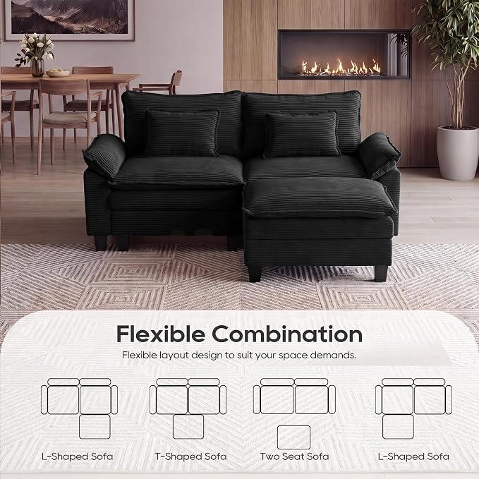URRED Oversized Modular Sectional Sofa, 87" L Shaped Modern Comfy Cloud Couch with Movable Ottoman & Pillows, Deep Seat Couches for Living Room, Bedroom or Apartment (Corduroy Black, 87" L Shaped)