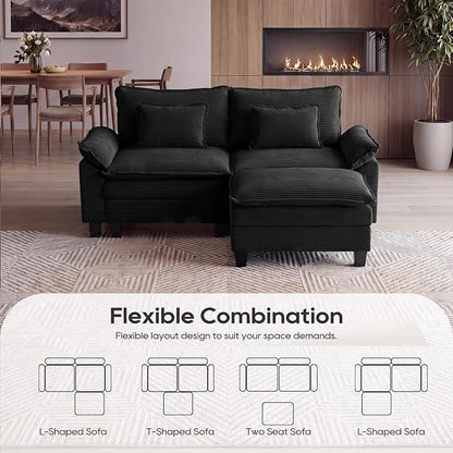 URRED Oversized Modular Sectional Sofa, 87" L Shaped Modern Comfy Cloud Couch with Movable Ottoman & Pillows, Deep Seat Couches for Living Room, Bedroom or Apartment (Corduroy Black, 87" L Shaped)