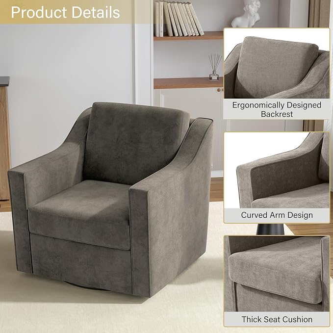 Swivel Accent Chairs Set of 2, 360° Swivel Upholstered Club Armchairs for Living Room, Comfy Single Sofa Reading Chair with Deep Seat, Metal Swivel Base, Chenille Fabric, Sand