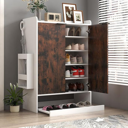 Verano Garden Shoe Cabinet with Doors, 7-Tier Wood Shoe Storage Cabinet with 4 Adjustable Shelves, No Bend Shoe Rack Organizer with Umbrella Stand&Drawer, 43" Tall Shoe Organizer for Entryway