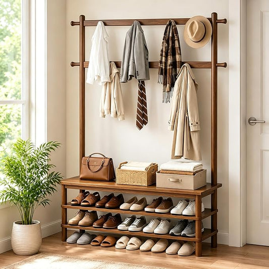 Hall Tree with Shoe Storage Bench, 3-in-1 Entryway Coat Rack with Bench, 11 Hooks, Freestanding Wooden Entryway Organizer for Mudroom, 35" Long