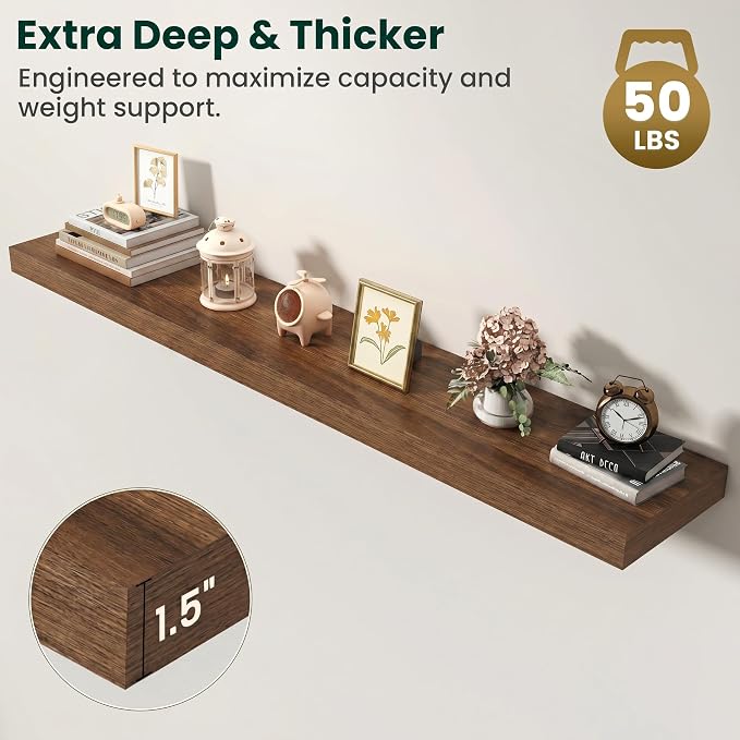 Floating Shelves for Wall, 55 Inch x 8 Inch Deep Wall Mounted Wood Shelf with Invisible Brackets for Storage & Display, Living Room Bedroom Kitchen, Walnut, Set of 2