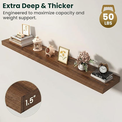 Floating Shelves for Wall, 55 Inch x 8 Inch Deep Wall Mounted Wood Shelf with Invisible Brackets for Storage & Display, Living Room Bedroom Kitchen, Walnut, Set of 2