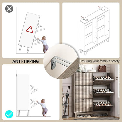 HUANLEGO Shoe Cabinet Storage for Entryway with 6 Flip Drawers, Fluted Narrow Shoe Organizer with Wooden Legs, Freestanding Slim Shoe Storage Hidden Shoe Rack Organizer for Front Door Entrance, Grey
