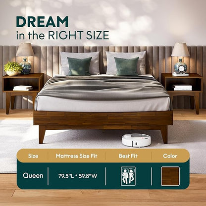 Bme Catherine Queen Platform Bed Frame, Modern Bed Frame Without Headboard, Wooden Low Profile Bed Frame, Acacia Wood Platform Bed Frame, No Box Spring Needed, Supports up to 800lbs - Dark Chocolate