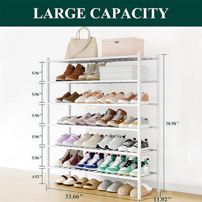Smiry Long Bamboo Shoe Rack, 6 Tier Free Standing Wooden Shoe Organizer, Stackable Wood Shoe Storage Shelf for Closet, Entryway, 12 Vertical Slats, 2+2+2 Stack Standard Legs, 33.7"x11"x39", White