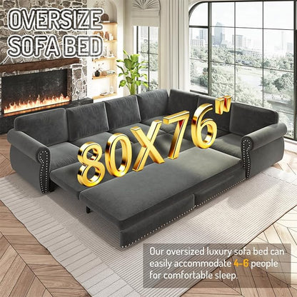 88.2" Sectional Sleeper Sofa with Pull Out Bed - Oversize L-Shaped Convertible Sleeper Couch Bed, Button Tufted Chesterfield Sofa, Chenille Vintage Couches for Living Room(4-Seater, Dark Grey)