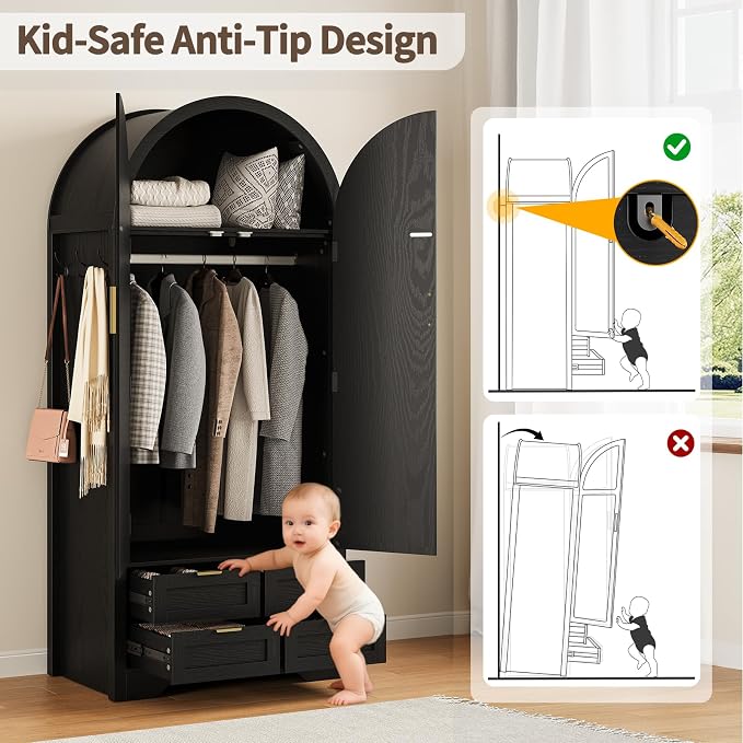 Armoire Wardrobe Closet with 4 Drawers - 2 Wood Bedroom Armoires and Wardrobes with Rattan Doors for Hanging Clothes, Clothing Cabinet Arched Closets for Cloak Room, 2 Wardrobes, Black