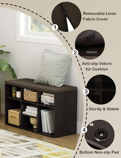 DINZI LVJ Shoe Bench, 9 Cubbies Shoe Organizer for Entryway, Storage Bench with Cushion, Cubby Shoe Rack with Adjustable Shelves for Living Room, Bedroom, Mudroom, Hallway, Espresso