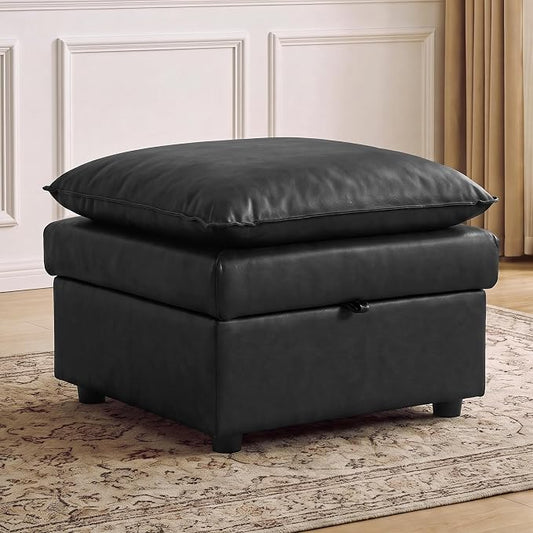 27" Black Faux Leather Storage Ottoman, Large Square Footrest for Couch | Lift-top Storage Keeps Blankets and Clothes Organized, with Padded Upholstery and Anti-slip Legs for Bedroom, Living room.
