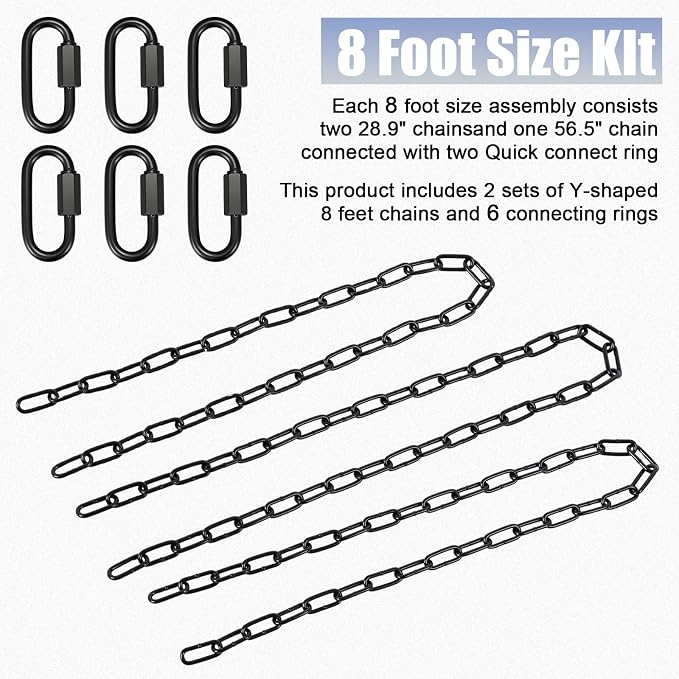 Heavy Duty Porch Swing Hanging Chain Kit (2 Pack) 1500 Lbs Capacity, up to 8 ft Length- Rustproof Zinc-Plated, 6 Quick Links & 2 Y-Chain Assemblies(Black)