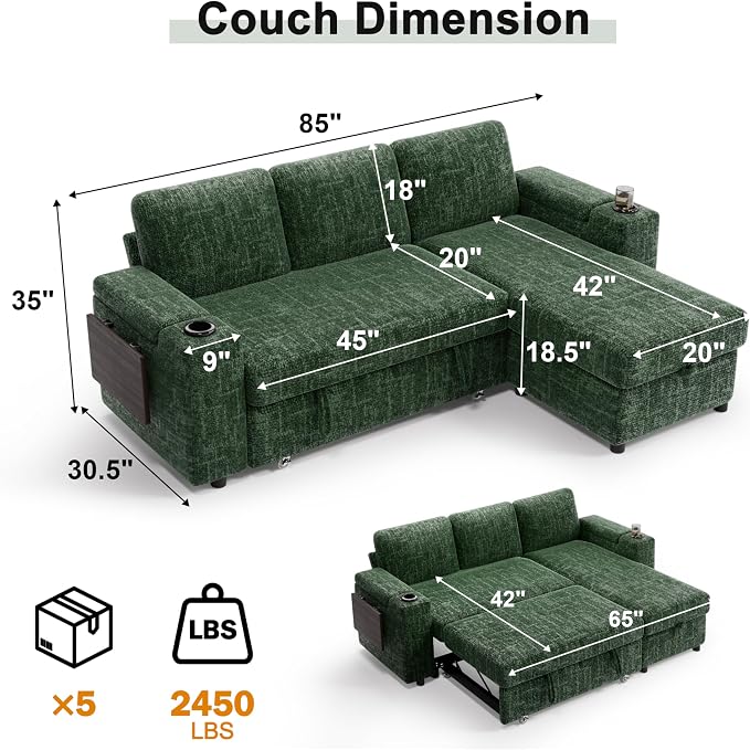 Vipbear Premium 86" Modular Sectional Chenille Sleeper Sofa, 3 Seat Sleeper Sofa with Pull Out Bed, L Shaped Couch with USB Ports|Storage Armrests&Chaise|Cup Holders| Side Table, Green