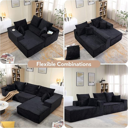107" W Modular Sectional Sofa, Upholstered Corduroy Cloud Couch with Deep Seat, Modern 3-Seater L-Shaped Sofa for Living Room, No Assembly Required (Black, Right-Facing Chaise)