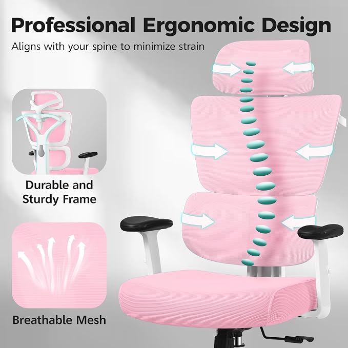 Ergonomic Office Chair High Back Desk Chair with Lumbar Support, Breathable Mesh Computer Chair with Adjustable Armrests Height, Reclining Swivel Big and Tall Gaming Chair for Home Office(Pink)