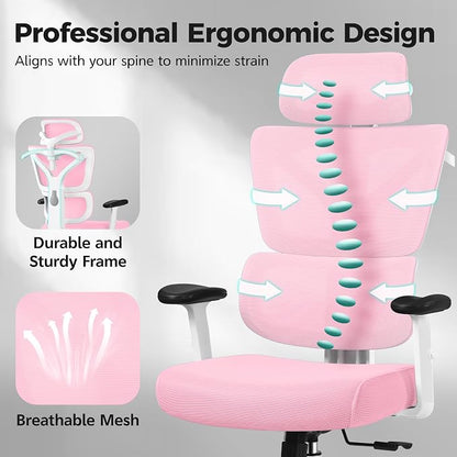 Ergonomic Office Chair High Back Desk Chair with Lumbar Support, Breathable Mesh Computer Chair with Adjustable Armrests Height, Reclining Swivel Big and Tall Gaming Chair for Home Office(Pink)
