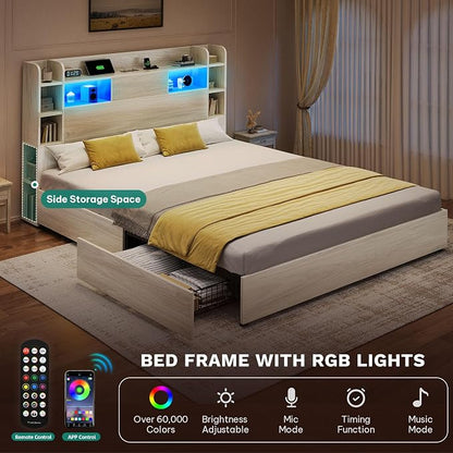 YITAHOME King Size Bed Frame with 51" Tall Bookcase Headboard and 4 Storage Drawers, RGB LED Bed Frame with Type-C&USB Charging Station Storage Bed, No Box Spring Needed, Noise Free, Antique White