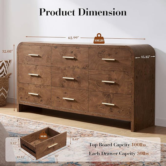 Curved 9 Drawer Dresser for Bedroom, 63'' Wide Chest of Drawers, Farmhouse Storage Cabinet for Hallway & Living Room TV Stand, FSC Certified 1.18" Thick Board, 100 lbs Top Weight, Dark Burl