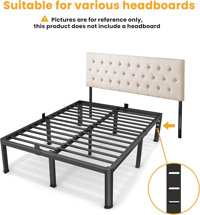 14 Inch Queen Bed Frame, Metal Platform Bed Frame with Round Corner Legs, 3500 lbs Heavy Duty Steel Slats Support, No Box Spring Needed, Noise Free, Easy Assembly, Black