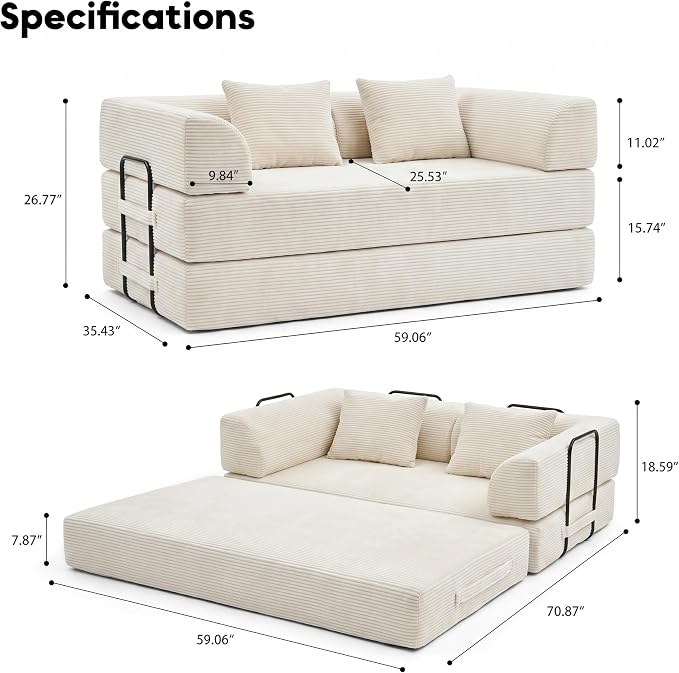 59“ Convertible Floor Sofa Bed, 5-in-1 Futon Sofa Bed Modular Sleeper Couch, Corduroy Pull Out Loveseat with Curved Armrest, Boneless Couches for Living Room, No Assembly Required, Beige White