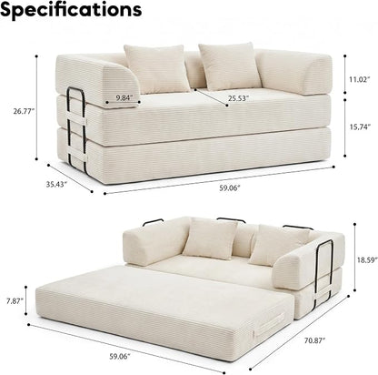 59“ Convertible Floor Sofa Bed, 5-in-1 Futon Sofa Bed Modular Sleeper Couch, Corduroy Pull Out Loveseat with Curved Armrest, Boneless Couches for Living Room, No Assembly Required, Beige White