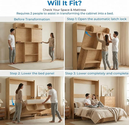 Mjkone Queen Size Wall Murphy Bed with Storage Shelf, Queen Wall Beds Cabinet Murphy Beds with Bookshelf, Top Cabinet Bed, Space-Saving Cabinets Beds for Bedroom, Guest Room, Studio, Office-Wood Color