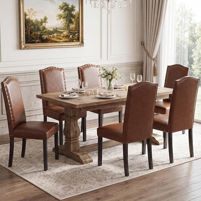 LSSBOUGHT PU Dining Chair Upholstered Parsons Kitchen Chair with Copper Nails and Solid Wood Legs for Dining Room,Restaurant (Brown, 4PCS)