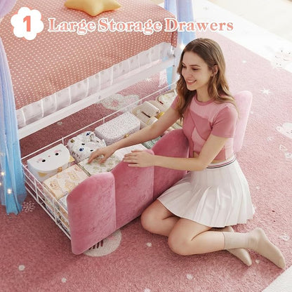 Homkdom Canopy Bed Frame Twin with Storage Drawers and LED Lights & Charging Station,Princess Velvet Upholstered Headboard,Heavy Duty 880lb,Easy Assembly,Pink