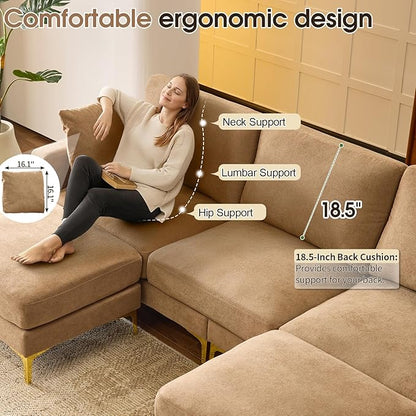 VINGLI 100" W U Shaped Couch with Ottoman, 22" Deep Seat Comfortable Sectional Couches for Living Room, 3 Seater Chenille Fabric Cloud Sofa for Apartment, Small Spaces, Bedroom, Khaki