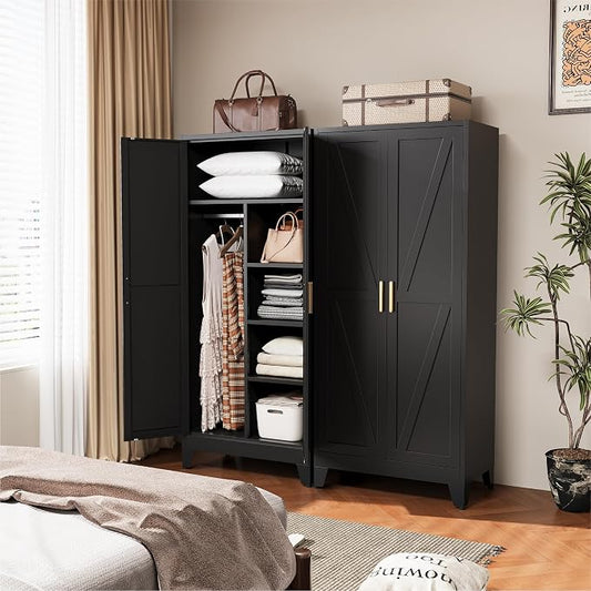 COFaR Black Metal Wardrobe Closet, Reversible 2-Section Design with Hanging Rod & Adjustable Shelves, 71" Freestanding Armoire Cabinet with Top Storage Space