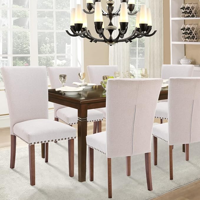 Upholstered Fabric Dining Chairs Set of 2, Parsons Dining Room Kitchen Side Chair with Nailhead Trim and Wood Legs - Beige