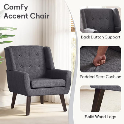 HUIMO Accent Chair Living Room Chair, Upholstered Button Tufted Armchair, Linen Fabric Sofa Chairs for Bedroom, Living Room, Mid Century Modern Comfy Reading Chair (Grey)