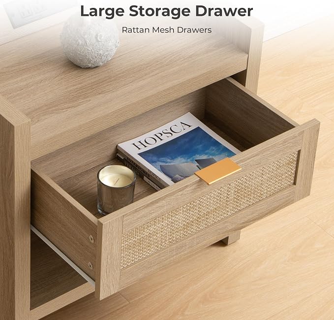 SICOTAS Rattan Nightstands Set of 2 Bedside Table - Boho Night Stand with Type-C Charging Station, Wicker Decor Drawer Storage End Table Night Stands for Bedroom - Light Oak