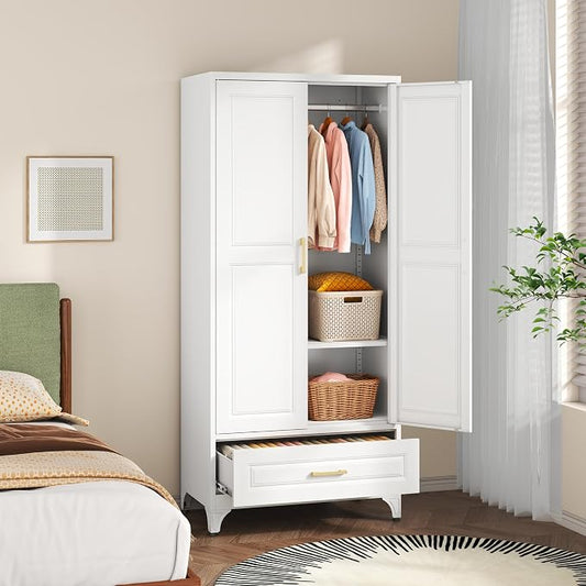 SteeLoong 71" Metal Armoire Wardrobe Closet with Drawer，Tall Clothing Storage Cabinet with Adjustable Shelves and Hanging Rod,White Wardrobe Closet for Bedroom,Home,Office,Gym