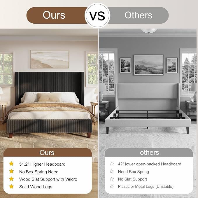 HOWE King Size Bed Frame with 50.8 Inch Corduroy Wingback Headboard, Black | Modern Upholstered Platform Bed, Solid Wood Slats, No Box Spring Needed, Noise-Reducing Design