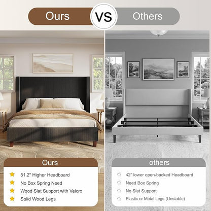 HOWE King Size Bed Frame with 50.8 Inch Corduroy Wingback Headboard, Black | Modern Upholstered Platform Bed, Solid Wood Slats, No Box Spring Needed, Noise-Reducing Design