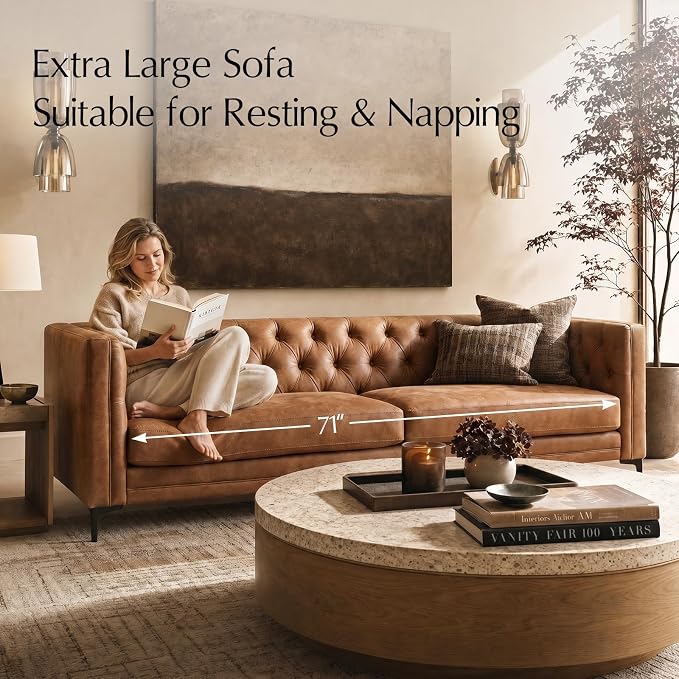 HULALA HOME 84" W Faux Leather Sofa Couch with Metal Legs, Button-Tufted 3-Seater Sofa, Mid Century Modern Upholstered Couch for Living Room, Entertainment Area, Apartment,Camel