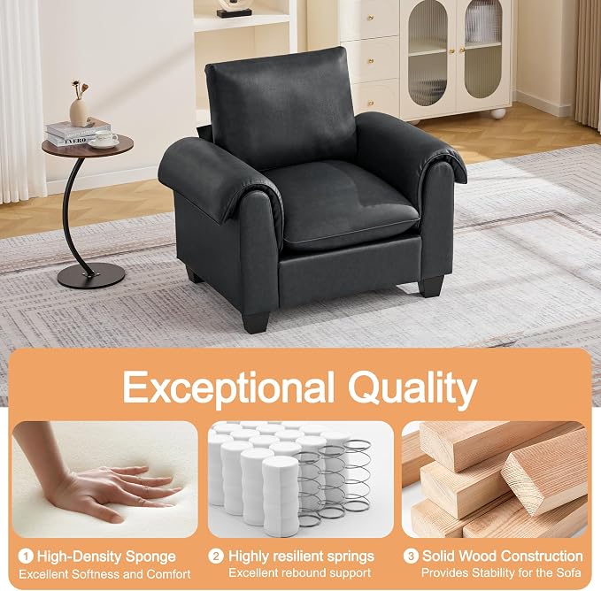 44.5" Faux Leather Single Sofa Sofa, Oversized Accent Chair with Curved Armrests, Cloud Modern Sofa Upholstered Deep Seat Reading Chair Armchair for Living Room, Bedroom，Black