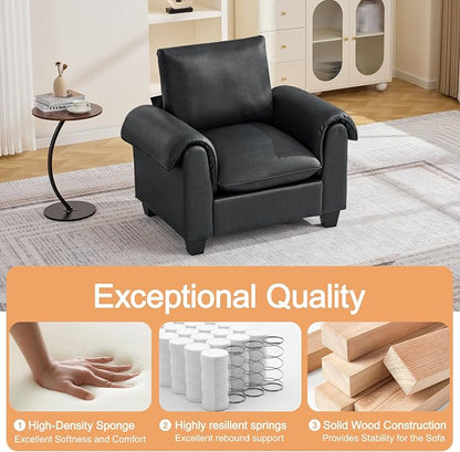 44.5" Faux Leather Single Sofa Sofa, Oversized Accent Chair with Curved Armrests, Cloud Modern Sofa Upholstered Deep Seat Reading Chair Armchair for Living Room, Bedroom，Black
