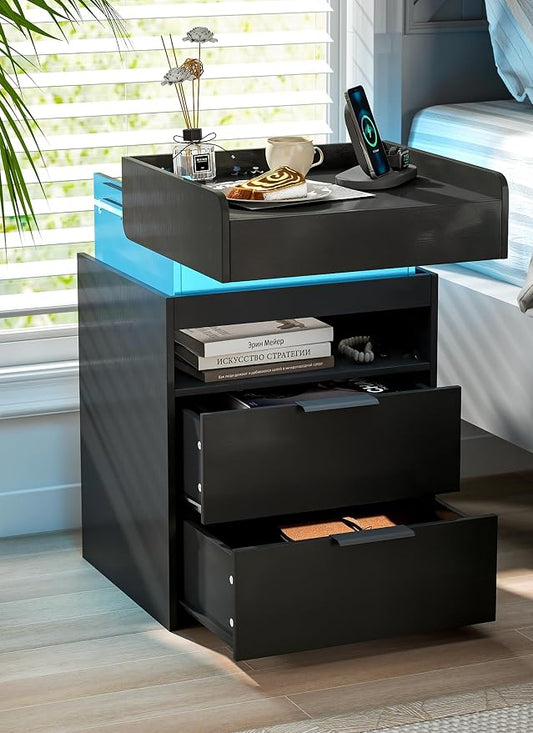Black Nightstand with Charging Station, Hidden Sliding Top Compartment with USB-C, 2 USB Ports & 2 Outlets, Modern Night Stand with Drawers for Bedroom