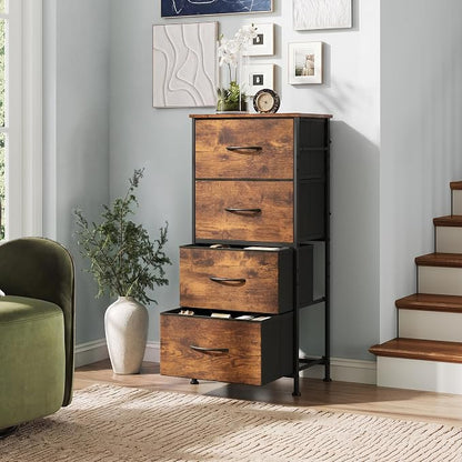 WLIVE Dresser with 4 Drawers, Fabric Storage Tower, Organizer Unit for Bedroom, Hallway, Entryway, Closets, Sturdy Steel Frame, Wood Top, Easy Pull Handle, Rustic Brown Wood Grain Print