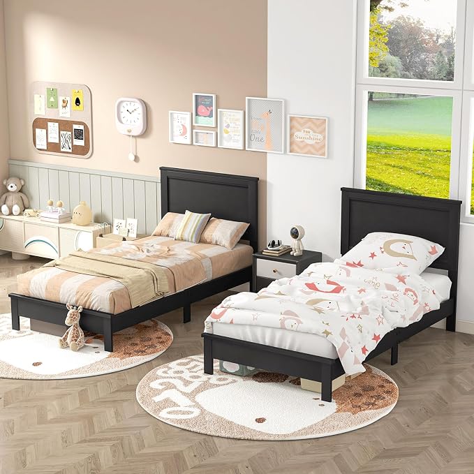 Giantex Wood Twin Bed Frames with Headboard, Mid Century Platform Bed Frame with Solid Wood Legs & Wooden Slat Support, Twin Bed Frames for Kids Adults, Black Bed