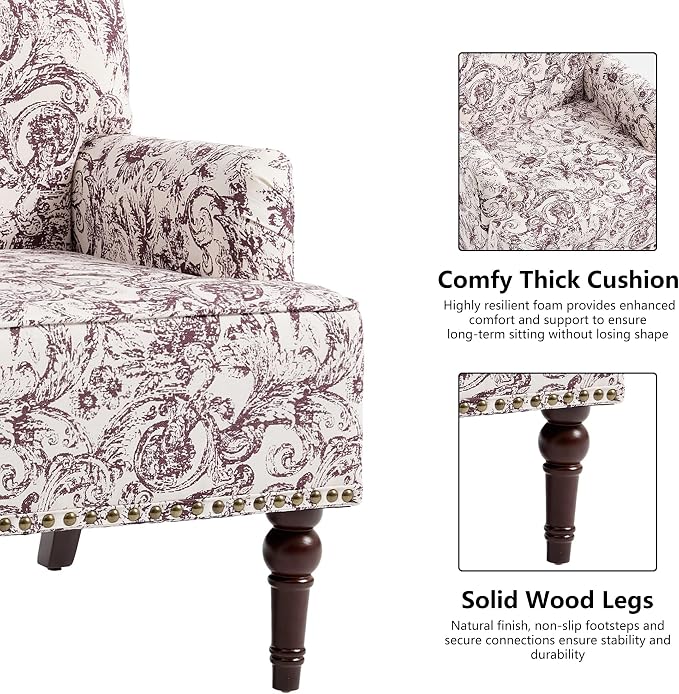 Accent Chair, Mid Century Modern Comfy Armchair for Living Room, Linen Fabric Single Sofa Lounge for Reading Bedroom Apartment Waiting Room with Wood Legs (Rococo Plum, Set of 2)