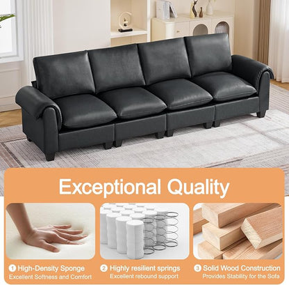 118" Faux Leather Modular Sectional Upholstered Sofa, Oversized 4 Seater Couch with Curved Armrests, Cloud Modern Upholstered Deep Seat Sofa for Living Room, Black