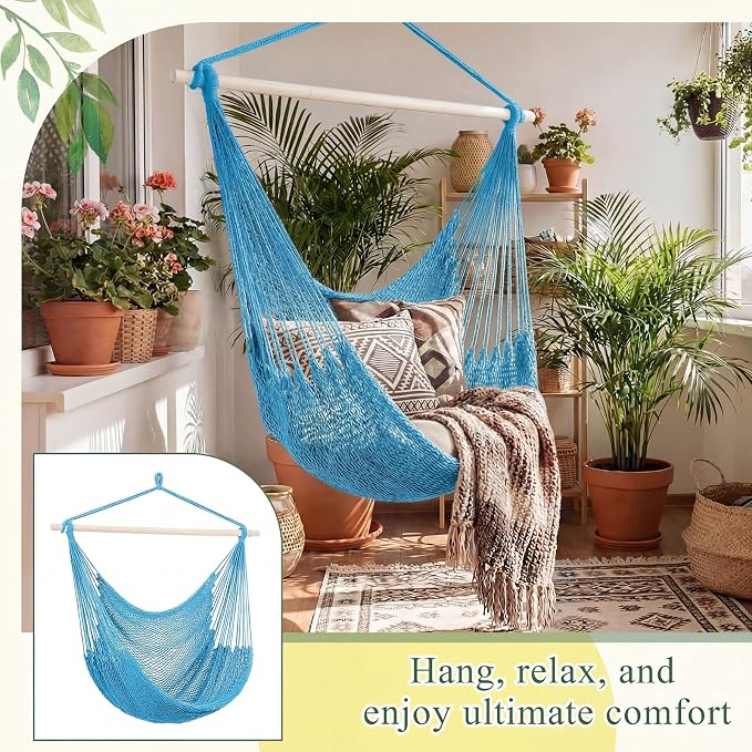 Barydat 2 Pcs Hanging Hammock Chair Boho Swing Chair Outdoor Indoor Comfy Soft Cotton Rope Weaving with 40 Inch Detachable Metal Bars for Backyard Living Room Garden, 270lb Capacity (Blue)