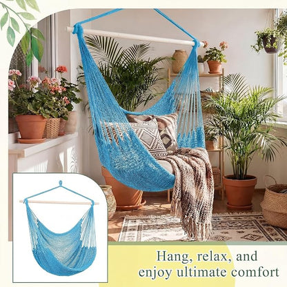 Barydat 2 Pcs Hanging Hammock Chair Boho Swing Chair Outdoor Indoor Comfy Soft Cotton Rope Weaving with 40 Inch Detachable Metal Bars for Backyard Living Room Garden, 270lb Capacity (Blue)
