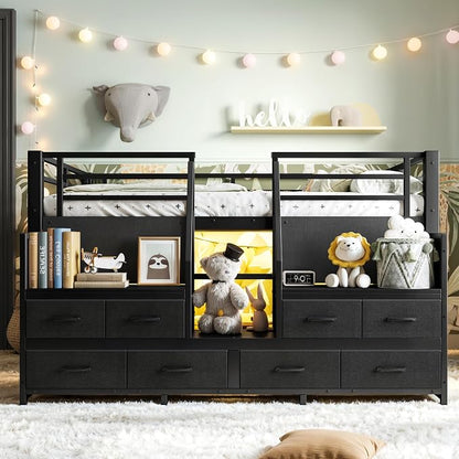 Bellemave Full Low Loft Bed,Metal Kids Loft Bed Frame for Boys Girls,Black | Fabric Drawers,LED Lights,Storage Shelves,Under-bed Space,Space-saving
