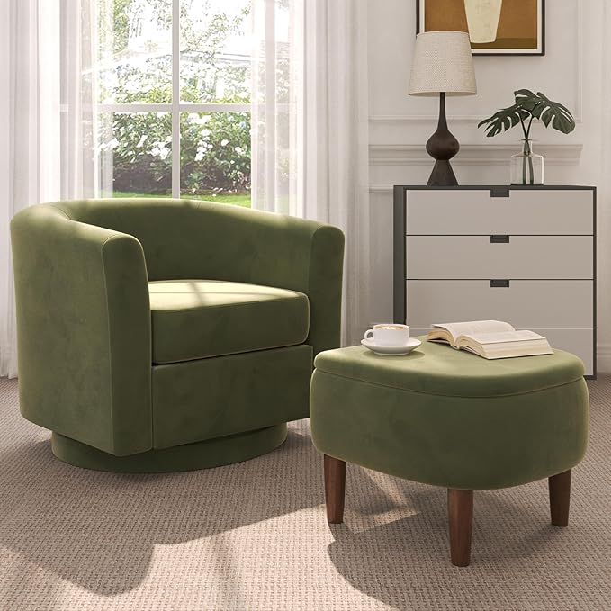 Swivel Accent Chair with Storage Ottoman, Modern Velvet Barrel Chair, Upholstered Armchair with Footrest for Living Room/Reading/Bedroom, 25.4'' D x 28.35'' W x 24.4'' H, Green