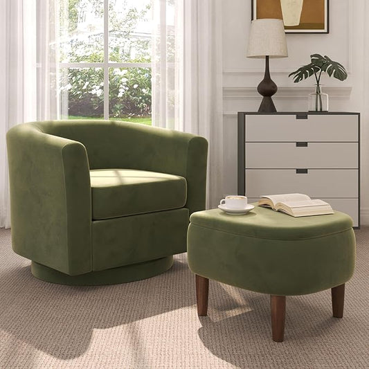 Swivel Accent Chair with Storage Ottoman, Modern Velvet Barrel Chair, Upholstered Armchair with Footrest for Living Room/Reading/Bedroom, 25.4'' D x 28.35'' W x 24.4'' H, Green
